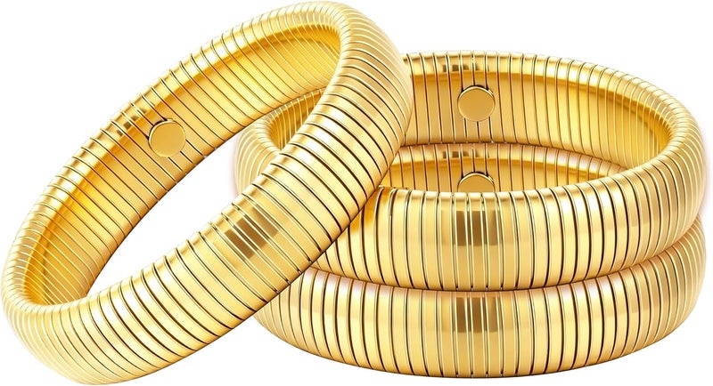 JUNYANGY Gold Bangles for Women Set of 3 Chunky Stretch Bangles Bracelets 24K Gold Plated Stainless Steel Bracelets Flexible Wide Stack Bracelets Designer Look Alike Jewelry for Women - Image 1